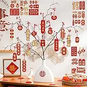 clothmile 57 Pcs Chinese New Year Ornaments Pendant with Strings Red Hanging Lucky Character Pendants for Spring Festival Home Office Car Tree Decoration
