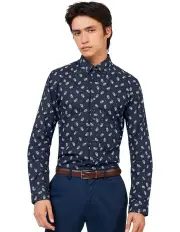 [Ben Sherman] Micro Paisley Print Long Sleeve Shirt in Navy