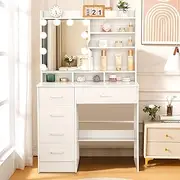 Buildonely Vanity Table with Mirror and Lights, Vanity Desk with Drawers and Cabinets, Modern Vanity Set Makeup Table Set for Girls and Women, White 130x80x36cm