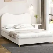 Oikiture Bed Frame Double Size Boucle Cloud Shape Headboard Wood Slats White