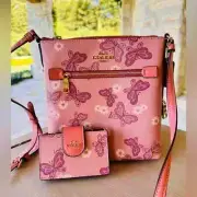 COACH Mini Rowan File Bag Floral Butterfly Print+Card Case Wallet Shell Pink NEW