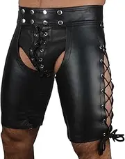 [teti] Men’s Sexy Faux Leather PVC Open Crotch Gothic Lace-Up Shorts – Exotic Lingerie for Nightclubs, Halloween, and Parties