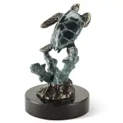 Modernist Charming Brass And Marble Solo Sea Turtle With Coral