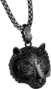 [PAMTIER] Men's Stainless Steel Solid Tiger Head Pendant Chain Necklace (Gold/Silver/Black)