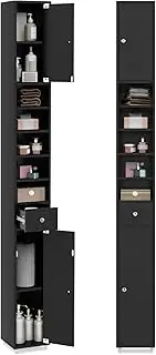 Giantex 180CM Slim Bathroom Tall Cabinet, Freestanding Floor Storage Cabinet Organizer w/ 2 Doors, 1 Drawer & 5 Adjustable Shelves, Narrow Linen Tower (Black)