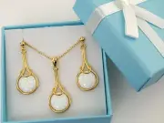 White Opal Dangle Earrings And Necklace Set. 14KT Gold Over .925 Sterling Silver