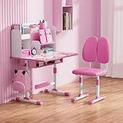 qofezuey Kids Functional Desk and Chair Set for Kids Learning Desk with Chair Ergonomic Adjustable Height for Kids School Study Desk with Bookshelf Drawer Foot Pedal Boys Girls Pink