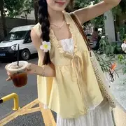 Sleeveless Mock Two Piece Ruffle Tie Front Top Top - Yellow - S