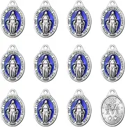 30Pcs Alloy Oval Our Lady Blue Enamel Miraculous Medal Charm Tiny Virgin Mary Pendants For DIY Catholic Rosary Beads Necklace Bracelet Jewelry Making
