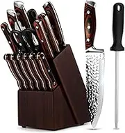 Kitchen Knife Sets with Block, 15-Piece High Carbon Stainless Steel Knife Block Set with Sharpener, Ultra-Sharp kitchen knives with Triple Rivet Wood Handle Perfect for Cooking Cut