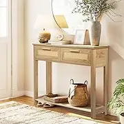 Narrow Console Table Hallway Sofa Couch Side Entryway Entrance End Accent Home Living Bedroom Furniture Oak with Rattan Storage Drawers Shelf