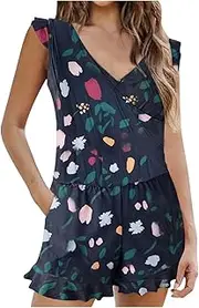 [Generic] Women Sleeveless Swim Romper with Built in Bra and Pockets Full Coverage Bathing Suits Boyleg Jumpsuit Swimsuit Slimming Bikini Bottoms