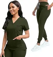 [YEZEX] Scrubs for Women Set, Women's V-Neck Top & Jogger Scrub Pants, Nursing Uniform Scrubs Set with 8 Pockets (Army Green)
