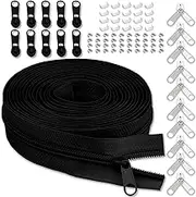 YZSFIRM #3 Nylon Zipper Tape for Sewing - 10 Yard Coil Zippers by The Yard Black for DIY Craft - Replacement Roll with 10 Bulk Metal Sliders - 10 Double Sliders