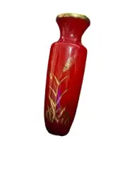 Vintage Enesco Import Japan Orange Glass Vase w/ Gold Wheat 8” Bottom Foil Seal