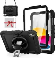 iXTRA Shockproof Case for iPad 11th Gen 11'' A16 2025, iPad 10th Gen 10.9'', Rugged Case with Screen Protector, 360° Rotating Handle & Stand, Shoulder Strap, Pencil Holder for Men Kids, Black