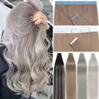 100% Tape in Human Hair Extensions Invisible Skin Weft Real Remy Hair GREY Thick