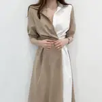 LA MAISON 韓國INS翻領撞色拼接收腰A字短袖洋裝