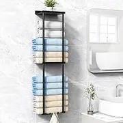 Liuoud Towel Rack for Bathroom, Wall Mounted Vertical Rolled Towel Storage Organizer Holder with Shelf, Holds Up 6 Large Bath Sheets, Black