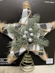 The Christmas Shoppe Rustic black white checked Star Tree Topper farmhouse