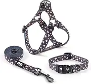 QQPETS Dog Harness Collar Leash - No Pull Pet Adjustable Back Clip Halter Basic Collar Heavy Duty 5FT Anti-Twist Leash for Extra Small Puppy Medium Large Breed Training Easy Walk(L,Black Heart)