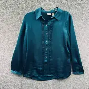 Chicos Women Top 1 Medium Teal Blue Button Front Textured Pleats Shirt Stretch