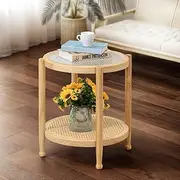 Furb Round Coffee Table, 2-Tier Modern Accent Side Table with Tempered Glass Tabletop & Rattan Storage Shelf, Soild Wood Frame, Sofa Cocktail Table for Home, Living Room, Office, Balcony(50CM)