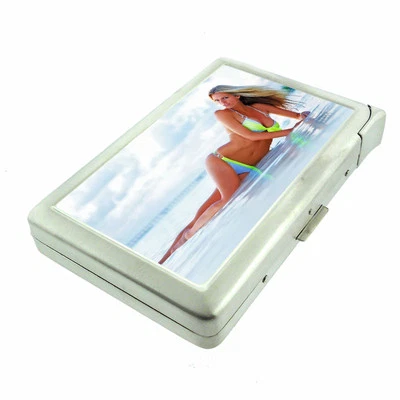 Beach Pin Up Girls D13 Cigarette Case with Built in Lighter Metal Wallet