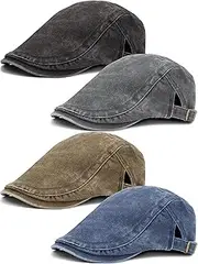 [ROLVNHTV] 4 Pieces Men's Newsboy Caps Washing Cotton Flat Cap Cabbie Driving Irish Gatsby Hat Ivy Beret Adjustable Lightweight for Daily Use Outdoor Sport, Black Navy Blue Khaki Grey, One Size