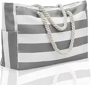 AIMALL Bohemian Striped Beach Bag with Double Zipper and Outer Pockets, Durable Canvas Polyester, Large Capacity, Ideal for Outdoor and Vacation, 18.9 x 16.5 x 5.5 Inches