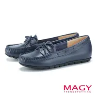 在飛比找momo購物網優惠-【MAGY】牛皮蝴蝶結休閒平底帆船鞋(深藍)