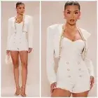 Fashion Nova Beige St Barts Chain Shells Strapless Romper & Blazer Set Size XL