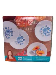 Corelle Pioneer Woman Appetizer 4 Plate Set Extra Strength Glass Evie Blue NIB