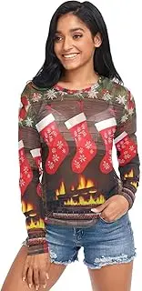 [RPLIFE] Christmas Fireplace Mesh Top Women Long Sleeve, Women Sheer Tops S-XXL