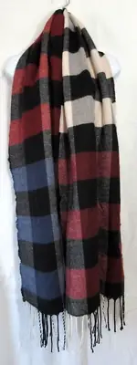 Steve Madden Berry Multicolored Colorblock Buffalo Check Fringe Trim Scarf NWT