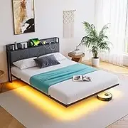 FOUBAM Floating Bed,Full Size Bed Frame with LED Lights and Charging Station,Double Bed with Storage Fabric Headboard,Heavy Duty Platform Full Bed Frame Metal Slats Support, Solid and Stable, Black