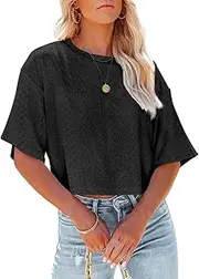 [Fisoew] Women's T-Shirt Summer Short Sleeve Crew Neck Tee Shirts Hollow Jacquard Knitted Short Top Casual Plain (Black, S)