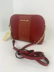 New Michael Kors Crossbody Bag Micro Stud Cindy Large Dome Red Leather $263 B2R