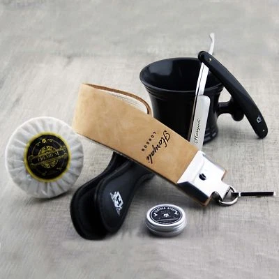 Barbers Shaving Set Cut Throat Razor Sharping Strop Mug & Soap Paste Vintage Kit