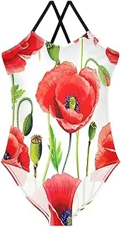 [RPLIFE] One Piece Toddler Swimsuit Girl, Summer Beach Bathing Suit 3-10 Y, Red Poppy Flowers Watercolor Style