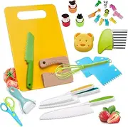 27 Pieces Safe Kitchen Knives, Knife Set Include Wood Knife, Serrated Edges Plastic Knives, Crinkle Cutter, Sandwich Cutter, Cutting Board Y etc. Kitchen Tools for Real Cooking