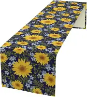 Sunflower Table Runner Yellow and Blue Flowers Green Leaves Pattern Table Runner