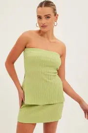 Green Mini Skirt Elastic Waist Band Texture Polyester - Size M, Women's Mini Skirt