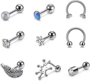 [PiercingJ] 16G Stainless Steel Helix Cartilage Tragus Stud Earring Hoops 9pcs CZ Barbell Piercing Earrings Stud Body Piercing Jewelry for Women Grils