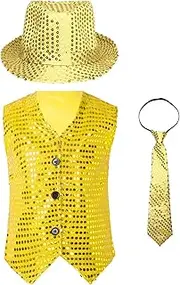 [Lejafay] Kids Boys Girls Sparkle Jazz Dance Performance Outfit Sequin Glitter Vest with Hat Necktie Set