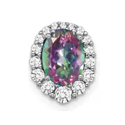 14k White Gold Oval Mystic Fire Topaz and Real Diamond Halo Chain Slide