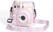 Transparent Camera case Compatible with Fujifilm Instax Mini 12 Instant Camera, Hard Crystal Phone case with Photo Pocket on The Back, Adjustable Shoulder Strap (Pink)
