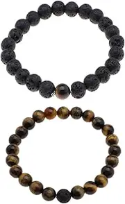 [SING F LTD] 2pcs Natural Lava Rock Volcanic Stone Bracelet Stone Mala Beads Bracelets 8mm Bead Elastic Bracelets for Men Women for Birthday Anniversary Christmas Day