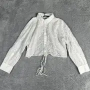 Zara Western Cowgirl Boho Long Sleeve Button Up Eyelet Top XL White Open Back