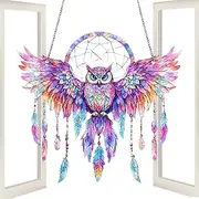 Owl Suncatchers for Window | Owls Decor Stained Acrylic Sun Catcher,Feather Dream Catcher, Colorful Wings Spreading Owl Sun Catcher Decor for Living Room, Bedroom, Study